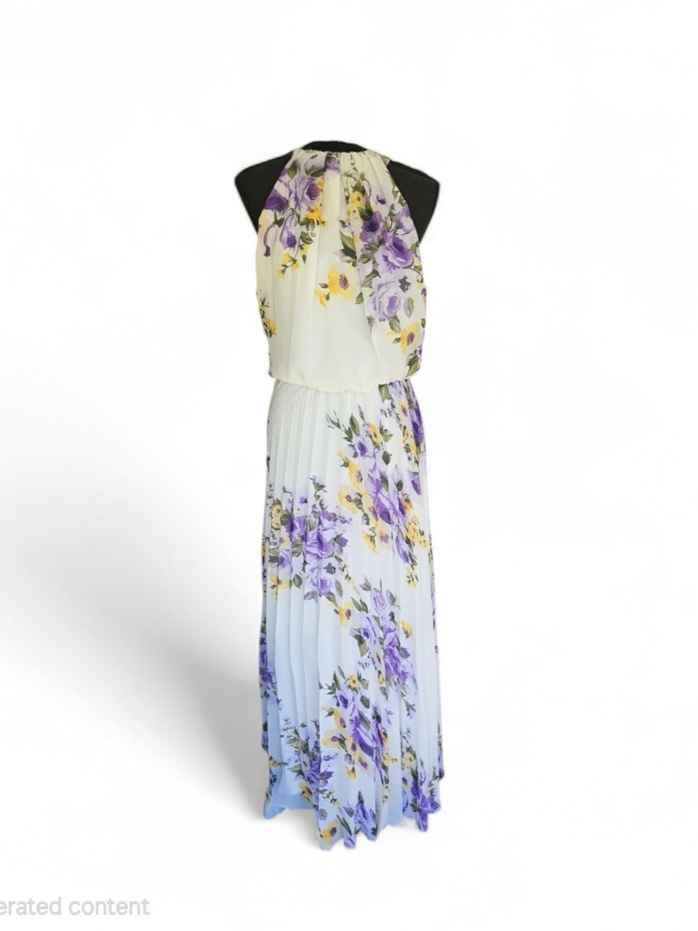 Premier Floral Halter Pleated Maxi Dress in White, Purple and Yellow Size 12